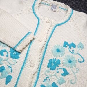 Sears Vintage Womens Cardigan Sweater Floral Knitted Spring Easter Large Granny